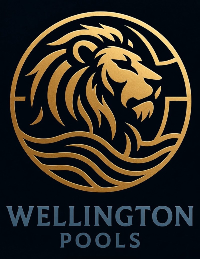 Wellington Pools logo: gold lion over waves